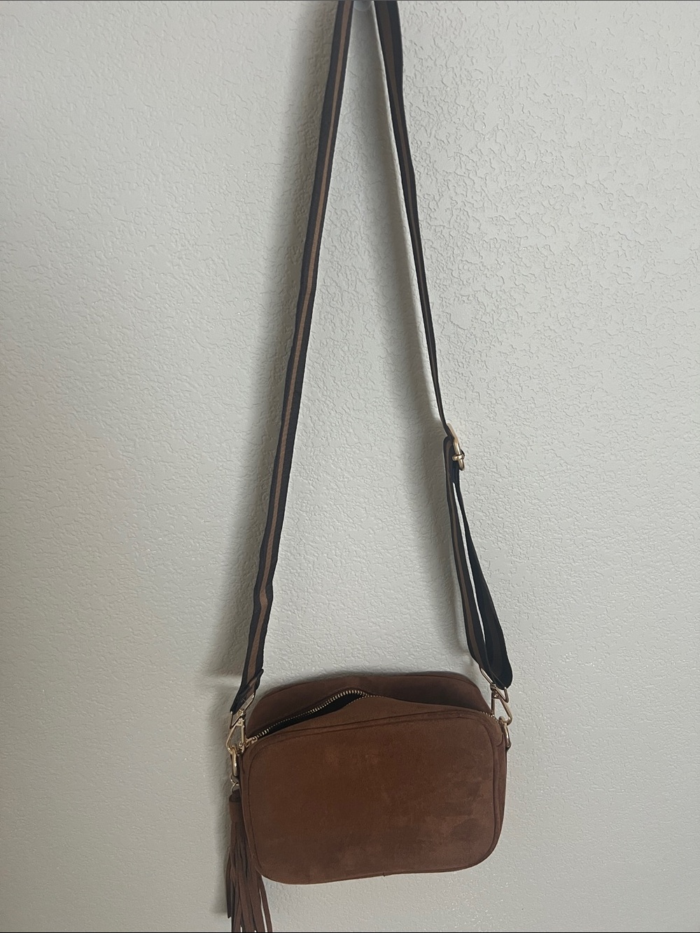 Ah Dorned Brown Suede Camera Crossbody bag with Gold Zipper and tassel